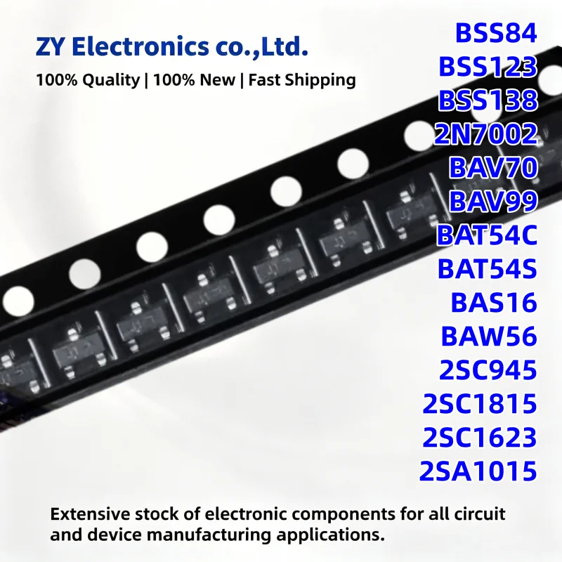 100Piece New BSS138 2SC1815 2N7002 BAV99 BAV70 BAT54S 2SC1623 2SC945 2SA1015 BSS84 BAT54C BAS16 BAW56 BSS123 SOT