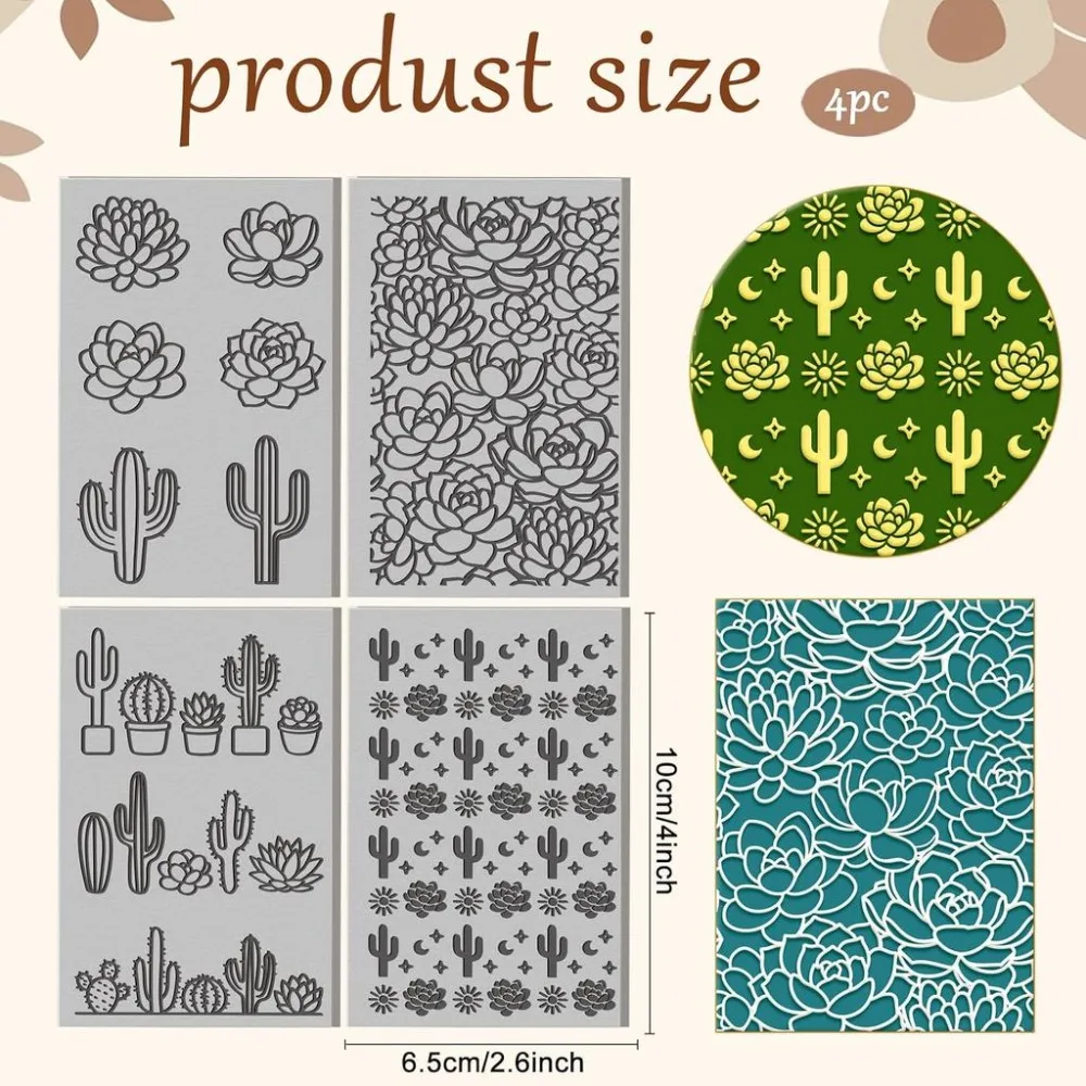 4 Sheets Succulents Clay Texture Mat Cacti Pattern Plants Polymer Clay Texture Sheets DIY Tools for Pottery Earring Jewelry