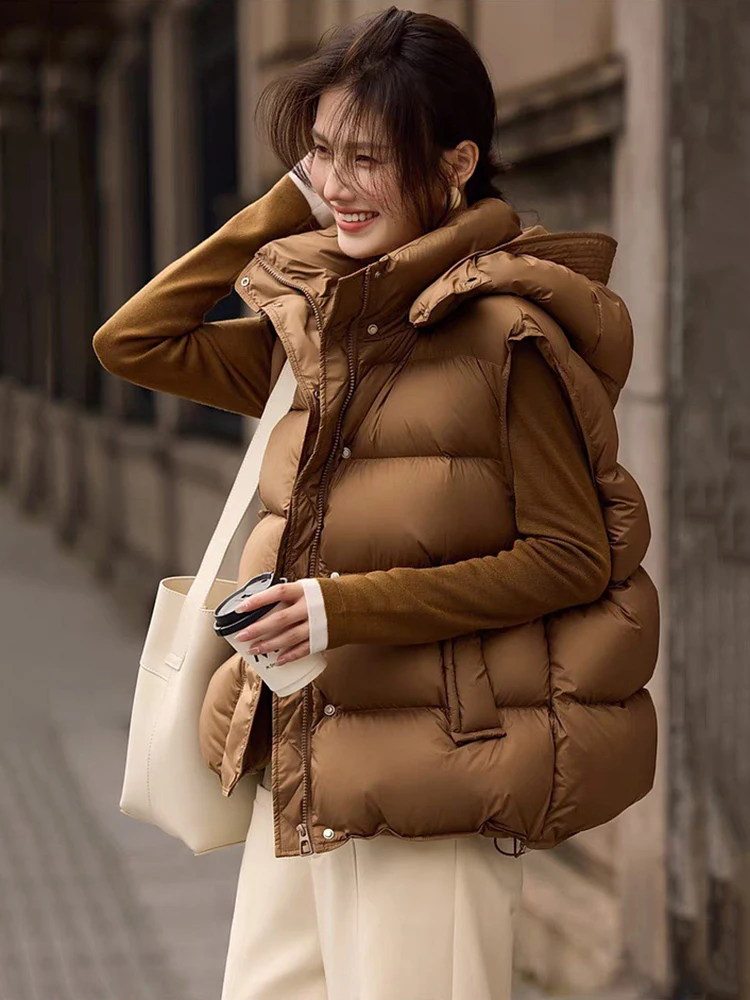 Autumn Winter Fluffy Puff Hooded Down Vest Female Drawstring Zipper Warm Waistcoat Outwears Women White Duck Down Pocket Vests