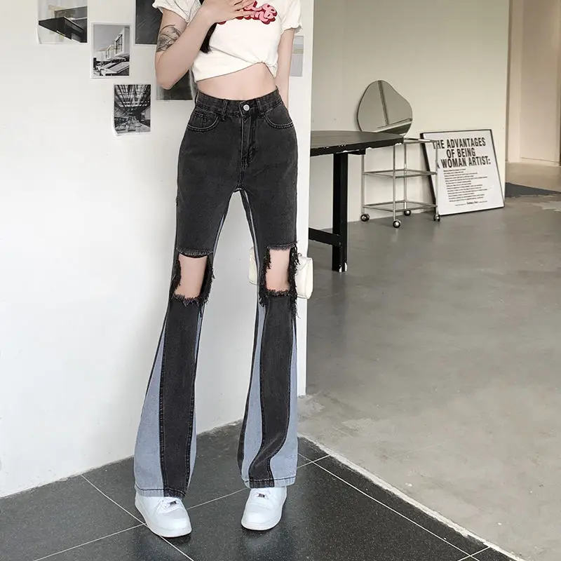 

Ripped Jeans Contrast Stitching High Waisted Fashion Woman Casual Streetwear Denim Trousers Female Girls Vintage Bell-Bottoms