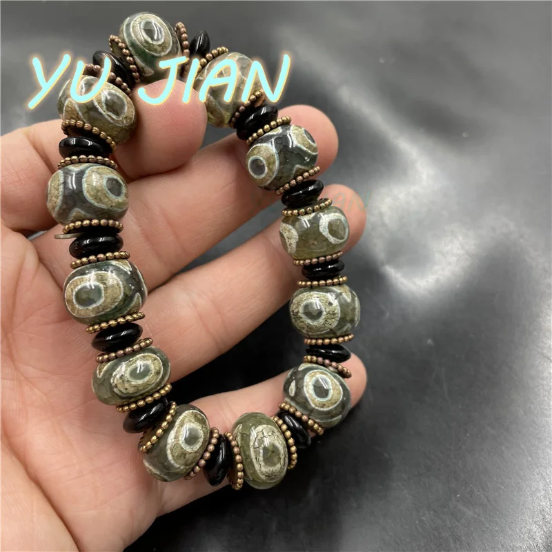 Natural Vintage Green Three-eyed Dzi Agate Abacus Bead Bracelet Old-Agate Jade Hand-string Bangles Handring Jewellry