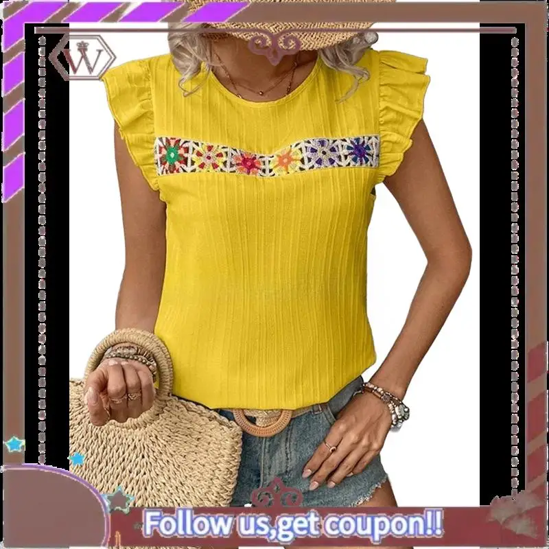 A95D-Blusa bohemia de verano de manga corta con cuello redondo y bordado floral para mujer