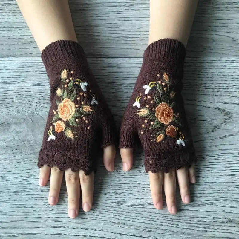 Bienen-Stickerei, niedliche Fingerlose Handschuhe, Vintage, elastische, gestrickte Halbfingerhandschuhe für Winter, Lesen, Schreiben, Studenten – Detail 7