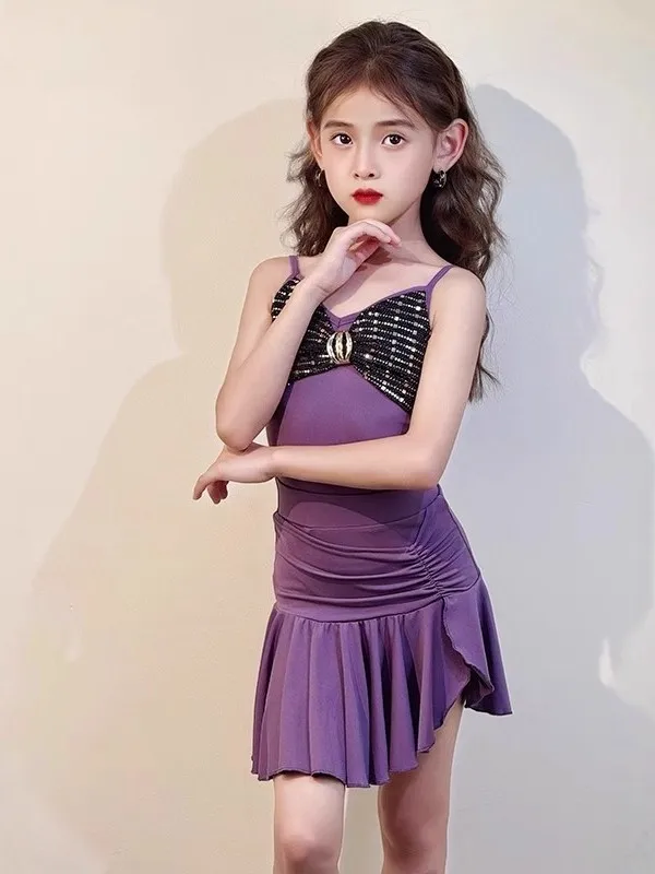 فستان لاتيني مخصص للأطفال البنات أرجواني مطبوع مثير بحزام سبليت قابل للطي نصف تنورة مجموعة ممارسة المنافسة المهنية