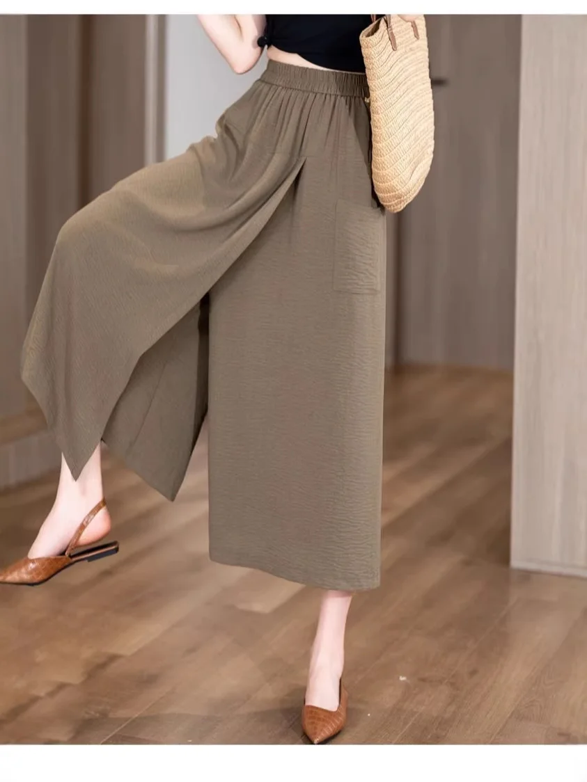 Slimming High-Waist Asymmetric Casual Skirt Pants Loose Fit Thin Material Comfortable Lazy Style Wide Leg Pants for plus Size