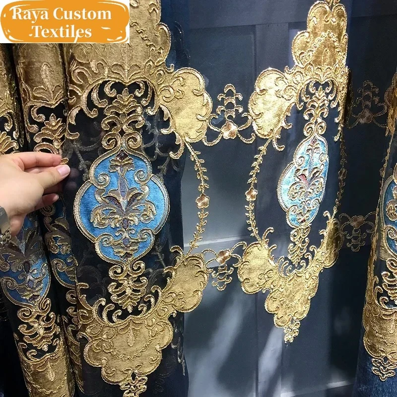 

Custom Size！！European Elegant Embroidery Blue Classic Hollow Blackout Curtains for Living Dining Room Bedroom Decor Window