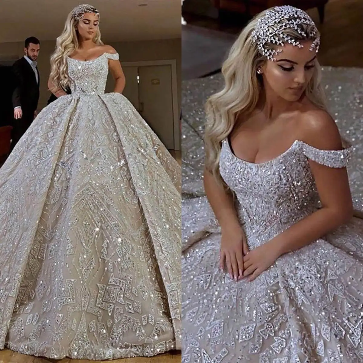 

Luxury Ball Gowns Beaded Sequins Crystal Off Shoulder Wedding Dress Puffy Pleats Sweep Train Tulle Bridal Dresses Custom Made