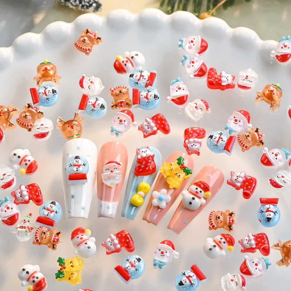 36/50/60pcs Cartoon Christmas Nail Charms Santa Claus Snowman Elk Bell Rhinestone Nail Art Decoration Festival DIY Nail Supplies
