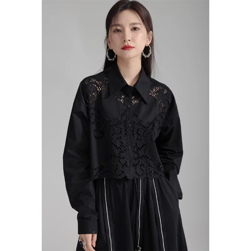 WAKUTA Spring/Summer Design Feeling Hollow Hook Flower Flip Collar Long Sleeved Shirt Minority Cardigan Short and Unique Top