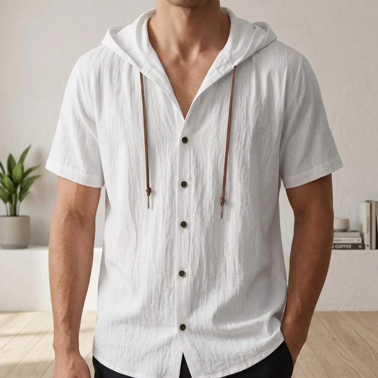 Men Hooded Short Sleeve Shirt, Button Down Drawstring Casual Top for Daily Vacation Beach Wear