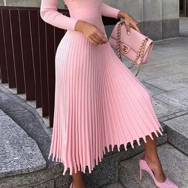 Damen Strickkleid Lang Herbst Winter Schmal Geschnittene Ärmel Elegante Partykleider für Damen Pulloverkleid 10 Farben – Detail 2