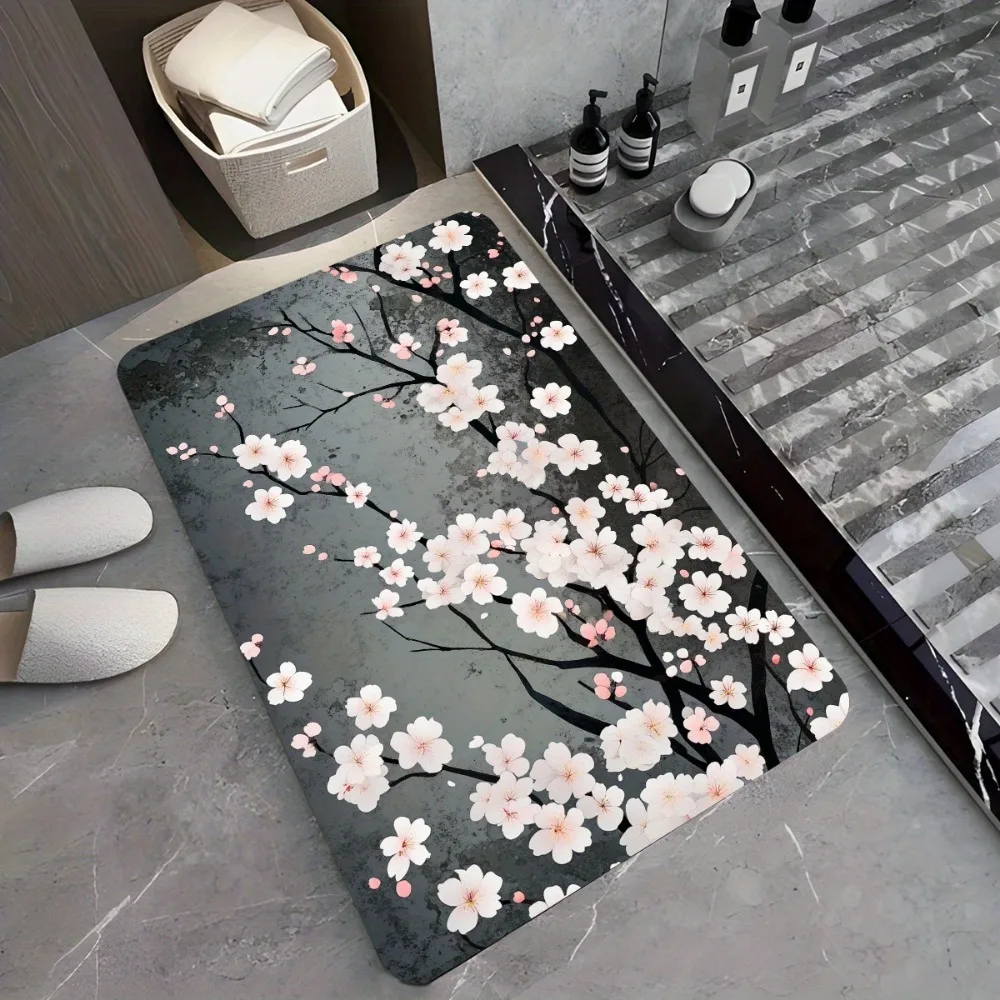 Alfombra de baño floral con diseño de flor de cerezo, alfombra de suelo superabsorbente antideslizante de secado rápido, alfombra decorativa para baño, cocina y jardín