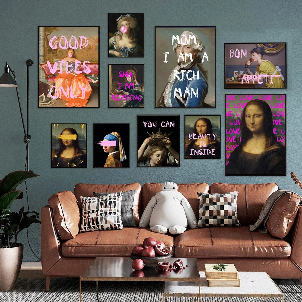 Scandinavian Vintage Wall Art Funny Mona Lisa HD Canvas Painting Poster and Print Home Bedroom Living Room Decoration