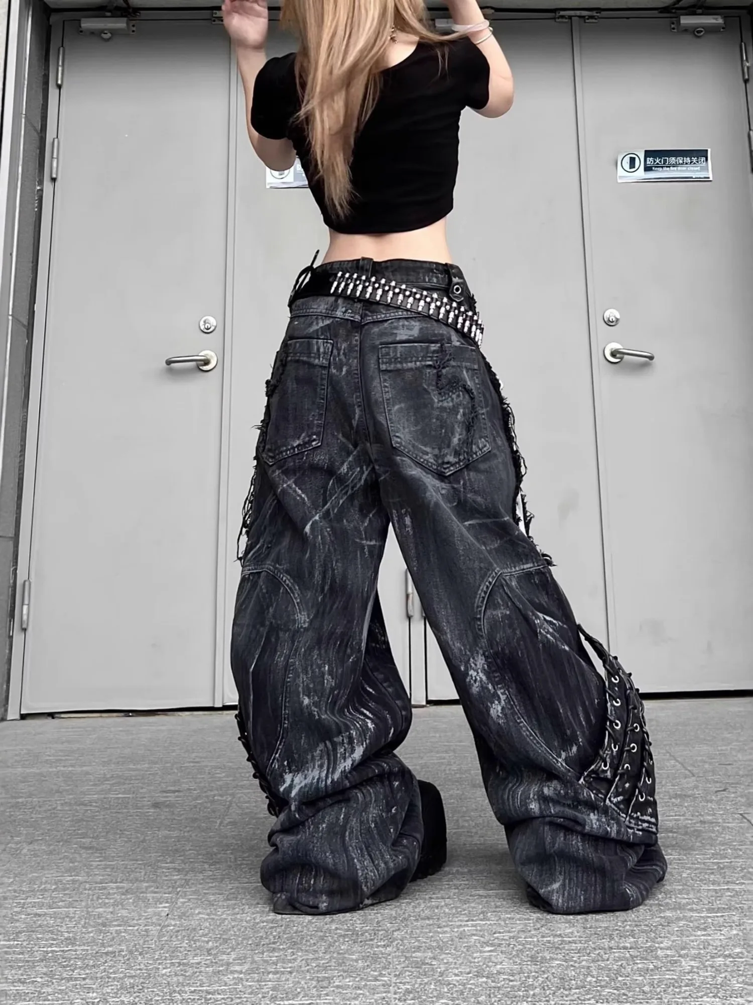 Grunge Gothic Patchwork Jeans High Waist Wide Leg Baggy Lace Up Acid Wash Distressed Black Denim Pants Y2K Punk Streetwear