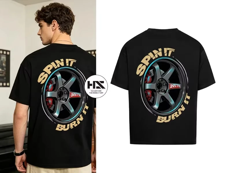 2026 Black Oversized T-shirt, Back JDM Alloy Wheel Graphic Print, Car Drift Enthusiast Unisex Streetwear Cotton Tee