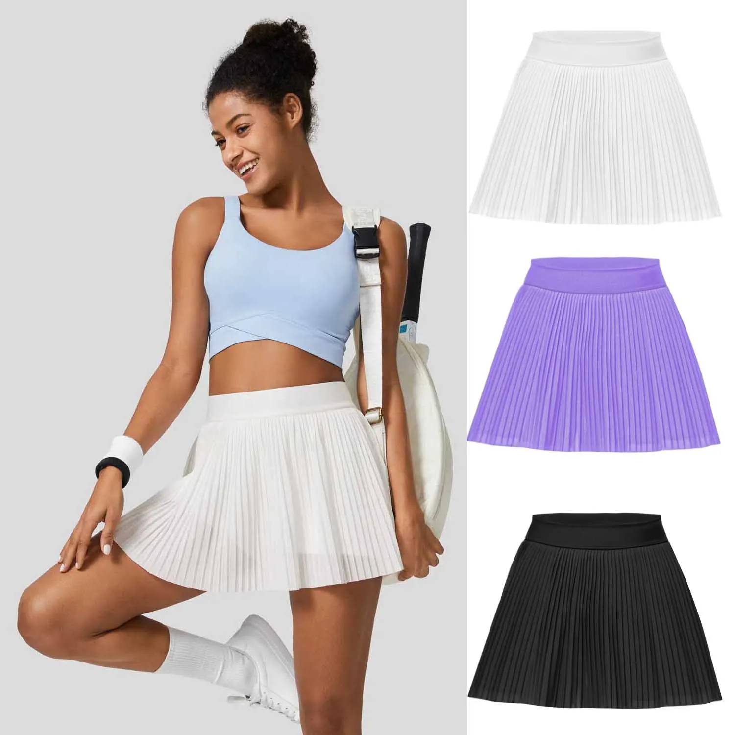 

White Tennis Pleated Skirt with Shorts Pocket Women's Sport Pants Breathable Skort Outdoor Active Wear Badminton Running Suit
