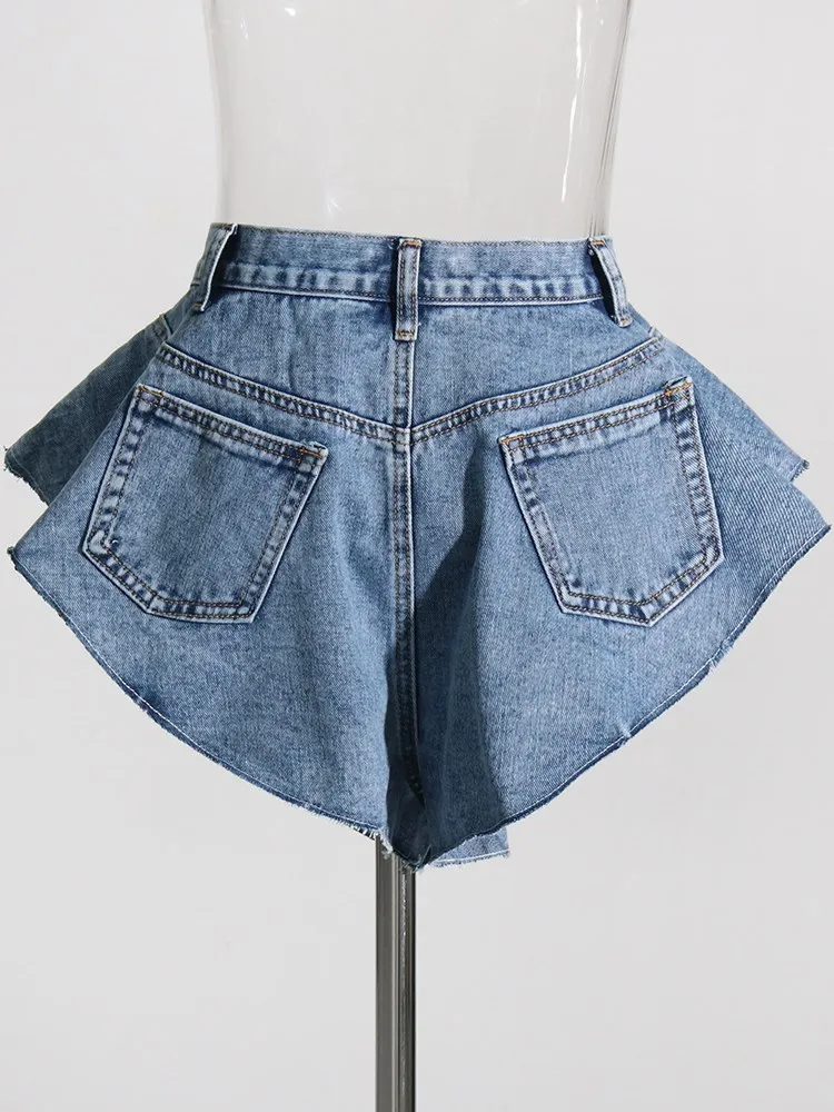 VGH patchwork pocket irregular hem denim shorts for women high waist spliced button minimalist loose short pants female fashion