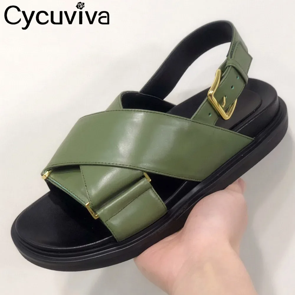 Fashion Cross Peep Toe Sandals Flat Platform Summer Casual Shoes Women's Beach Sandals Color Blocking Girl's Leather Sandals