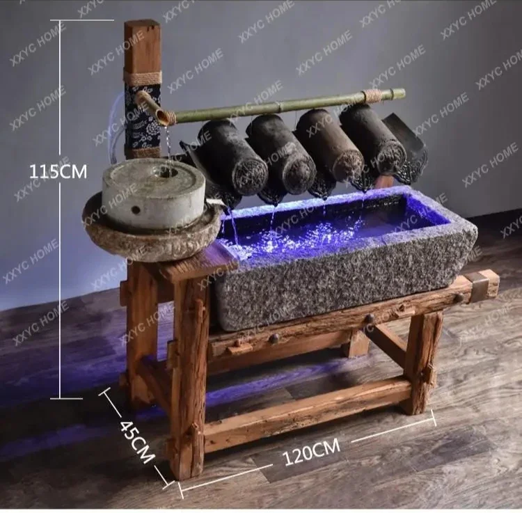 A Jiangnan stone tools, running water wooden frame, stone trough ornament combination, fish tank balcony water feature
