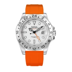 PARNIS GMT 40mm Black Dial Mechanical Automatic Men Watches Rubber Strap Orange Mingzhu 3804 Watch Master Clock 24 Hour Bezel