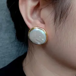 Cultured White Coin Pearl 25mm Big Stud Earrings Wedding Jewelry