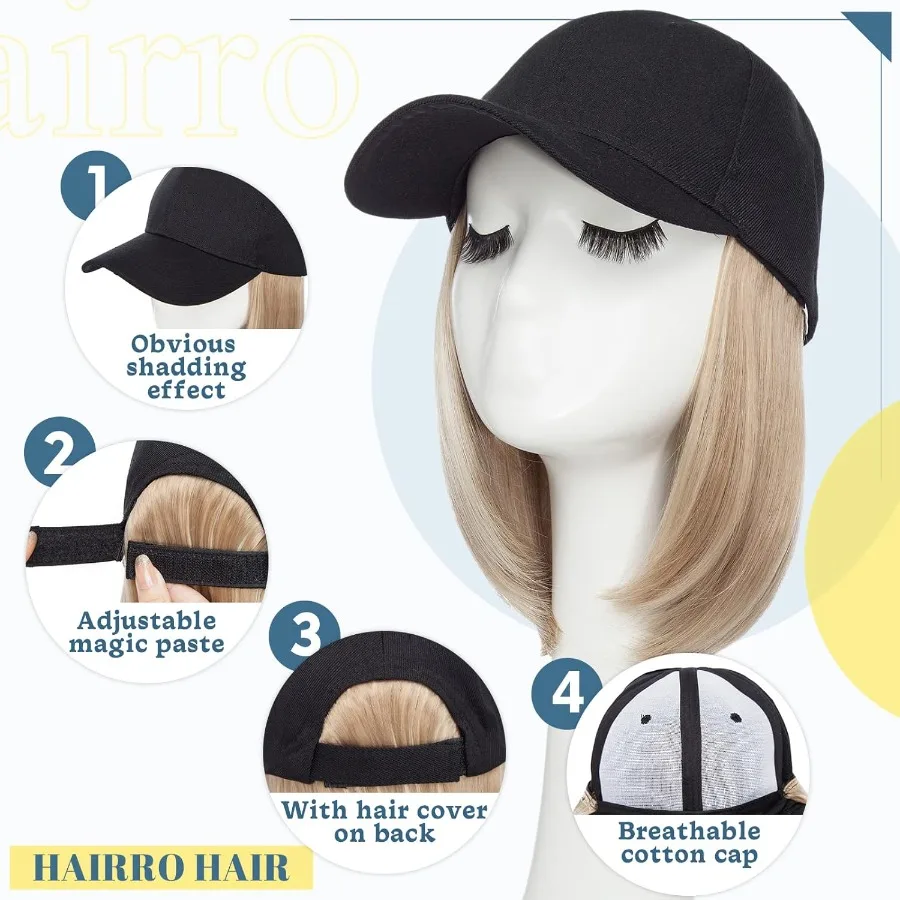 Hairro قبعة شعر مستعار قبعة بيسبول مع الشعر المرفقة قصيرة بوب قابل للتعديل قبعة الاصطناعية وصلات شعر للنساء شعر مستعار الكيماوي 11 170 جرام 8