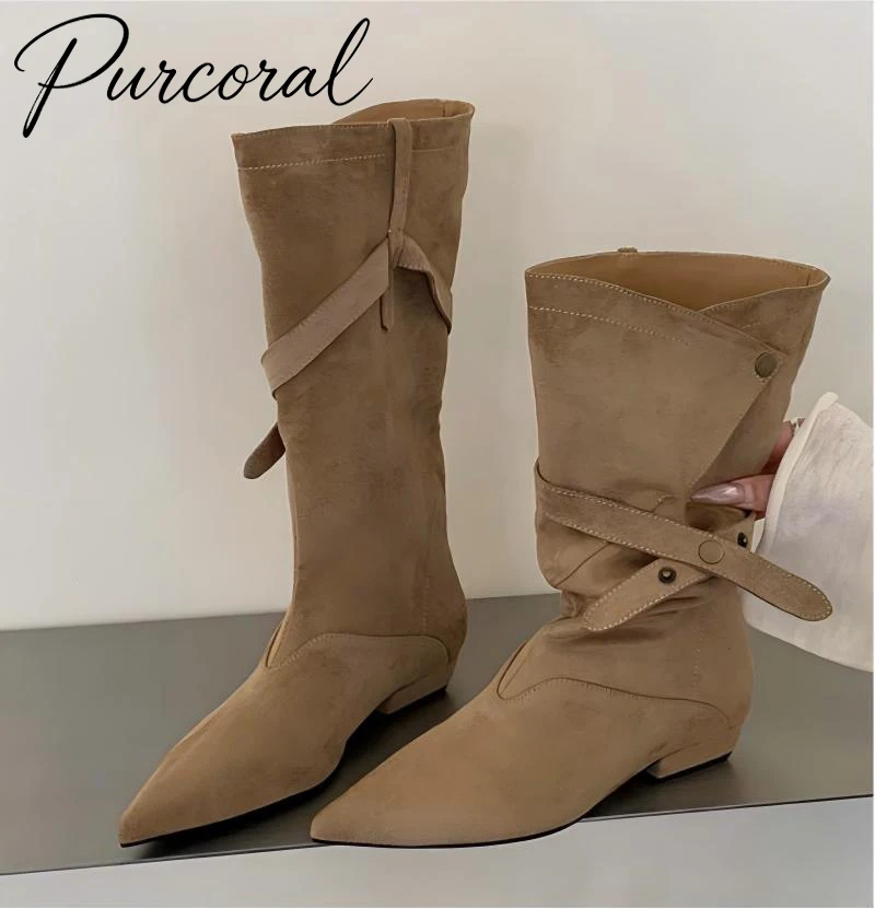 Purcoral 2026 Women Western Cowboy Boots Pointed Toe Low Heel Knee High Boots Suede Cross Strap Rivet Pleated Stacked Boots