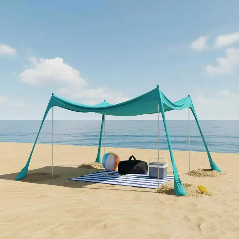 Carpa de playa con protección solar UPF50+, 6.6 pies de altura, 10 x 10 pies, toldo de playa fácil de instalar con bolsas de arena, postes de estabilidad, palas para arena, sombra portátil para