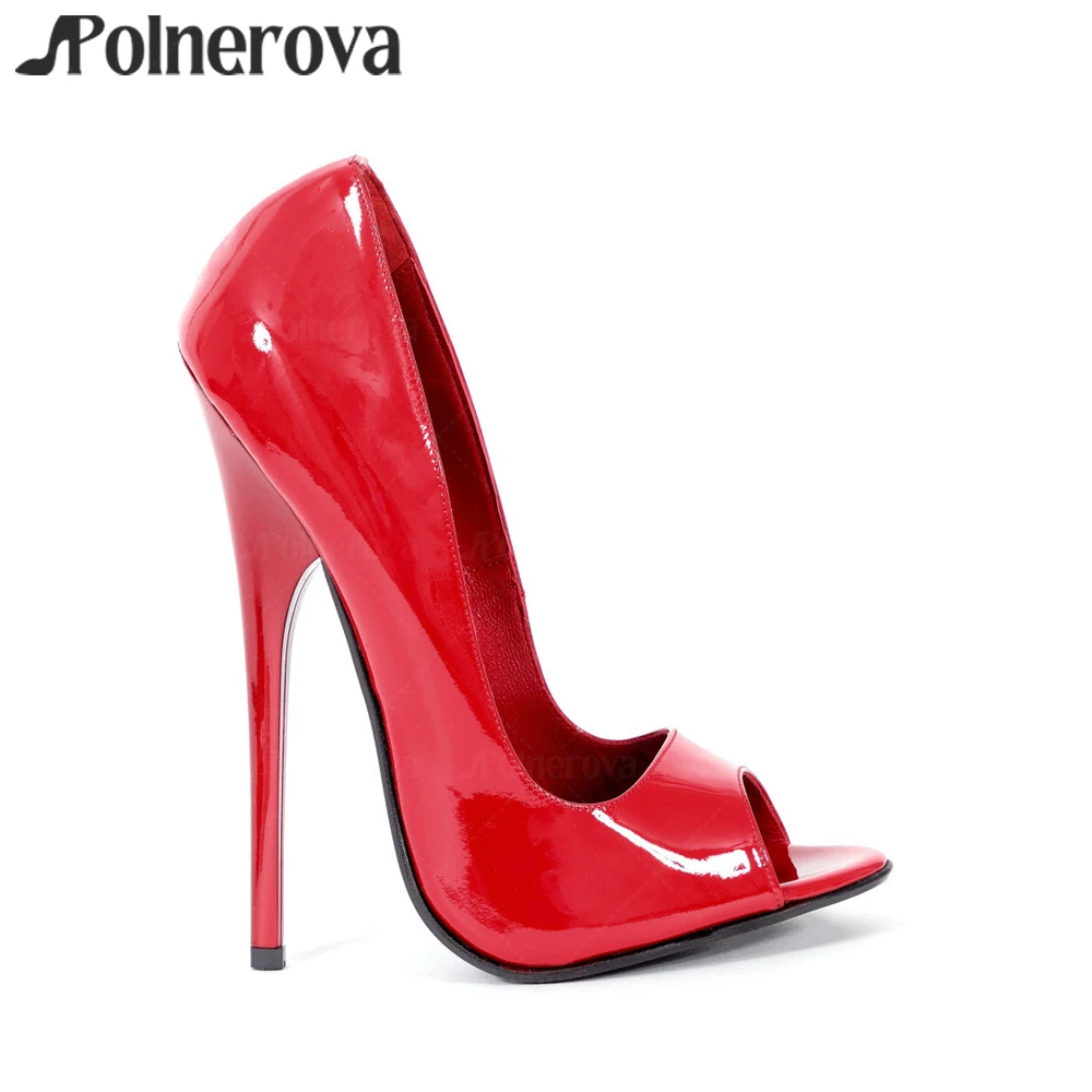 

16cm Peep Toes Extremely Pumps Sexy Red Patent Leather Stilettos Lacquered Empire High-Heels Slip on Customizable Handmade Pumps