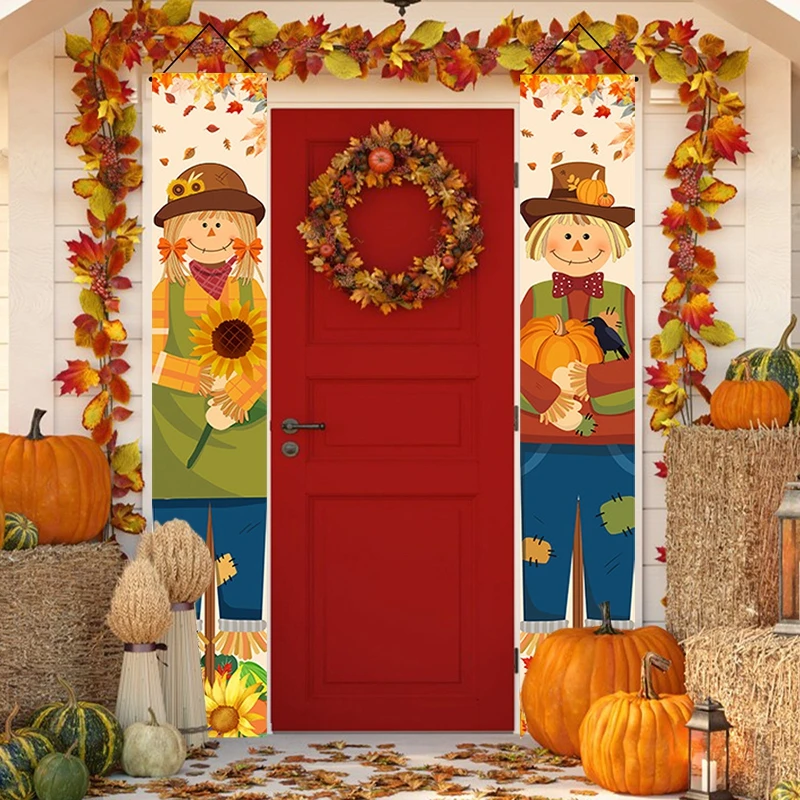 Thanksgiving Couplet Door Curtain Pumpkin Scarecrow Maple leaf Banner Door Frame Flag Happy Autumn Harvest Festival Party Decor