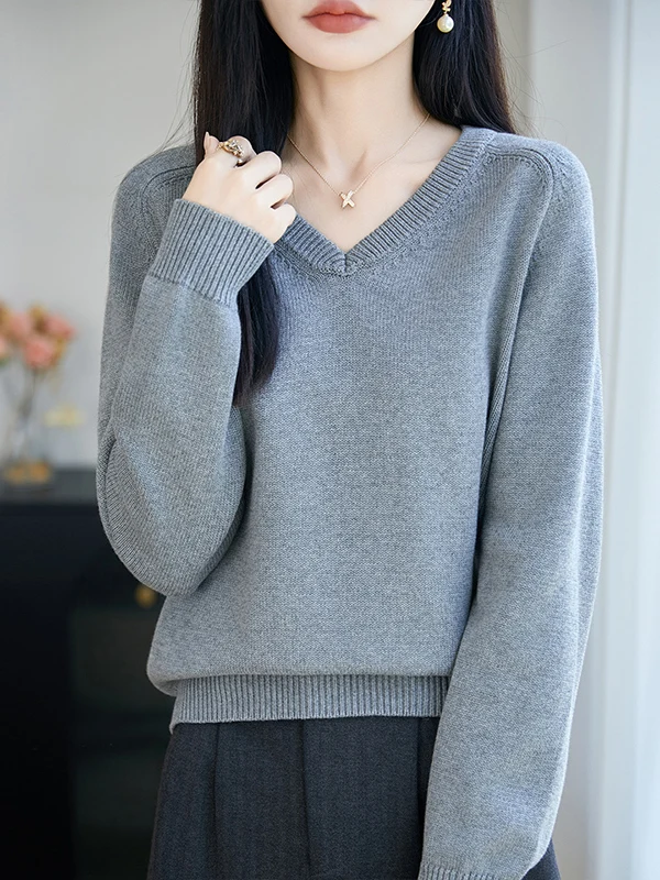 Thickened Long Sleeve V-Neck Pure Cotton Knitted Sweater Women's Base Shirt Lazy Style Top Casual Comfortable Warmth