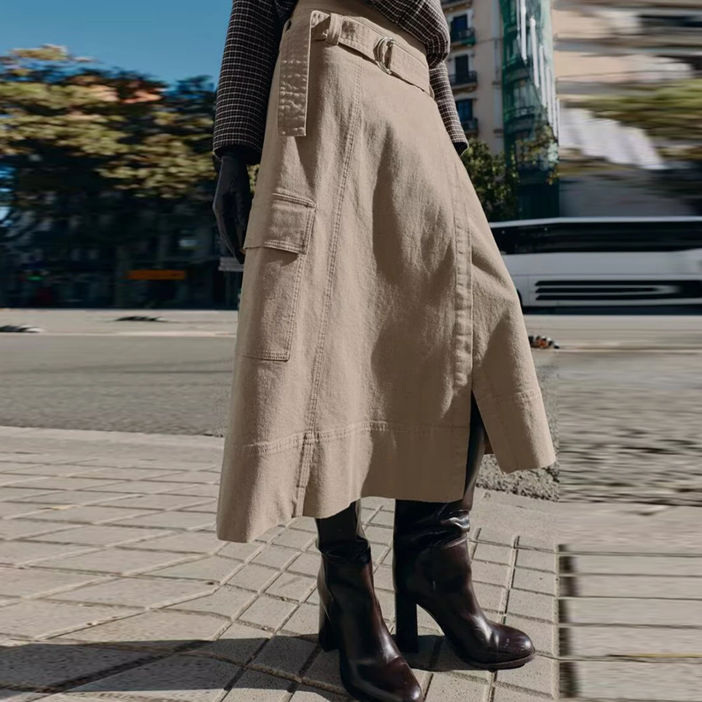 تنورة ميدي نسائية غير رسمية عصرية مع حزام لخريف 2025 وصلت حديثًا ملابس عمل متعددة الاستخدامات تنورة عالية الخصر على شكل حرف a #2