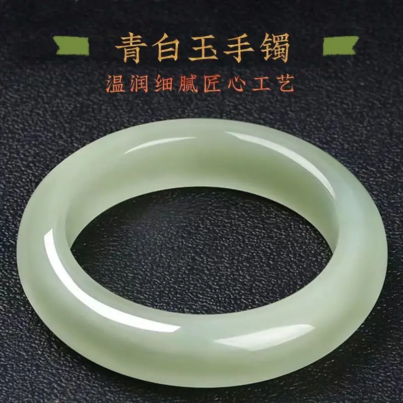 Medium-width round Hetian green and white jade bracelet for women genuine natural product featuring a smooth