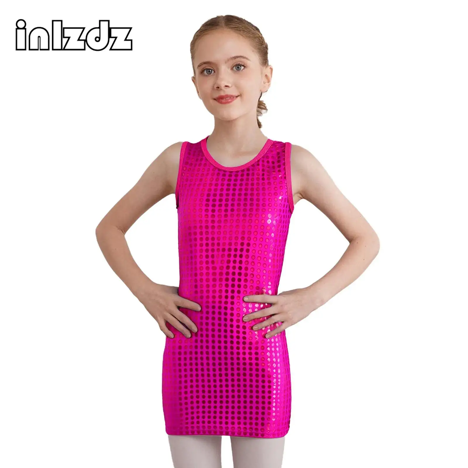 

Kids Girls Metallic Dots Jazz Dance Dress Round Neck Sleeveless Tank Dress for Hip Hop Cheerleading Dancing Stage Performance