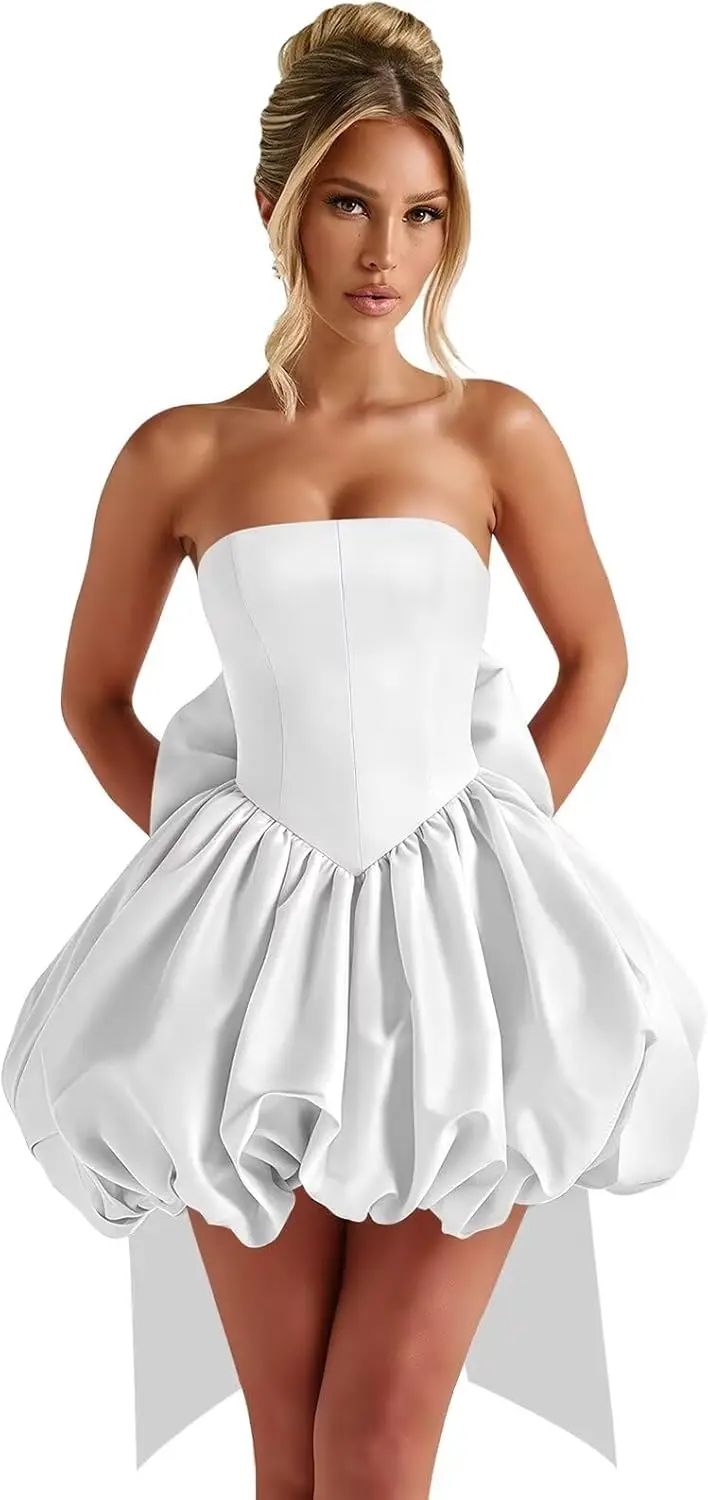 

Атласные платья для встречи выпускников без бретелек с бантом Короткое платье для выпускного вечера Пышное вечернее платье Выпускное мини-платье Коктейльные платья