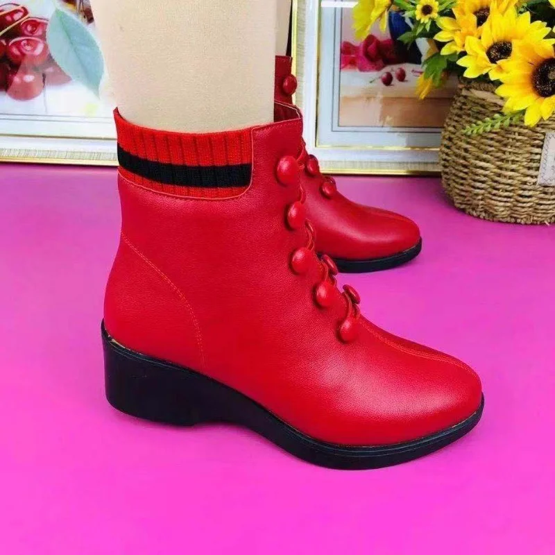 

Women Winter Warm Black Short Boots Vintage Fur Women British Style Lace-up Leather Ankle Boots Ladies Waterproof Zip Up Booties