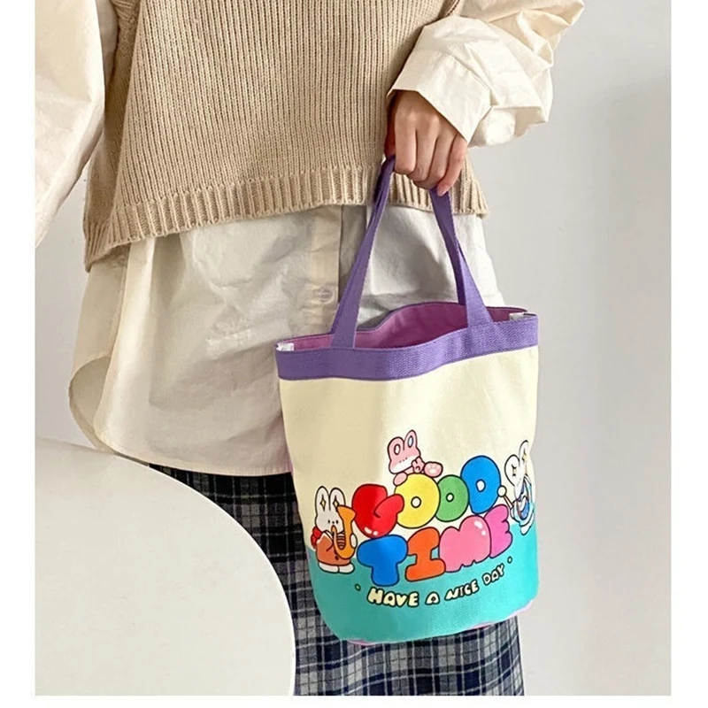 Canvas Bucket Bags Cute Graffiti Children\'s Fun Illustration Hand-held Round Bucket Mommy Storage Bag Bento Bag Small Handbags