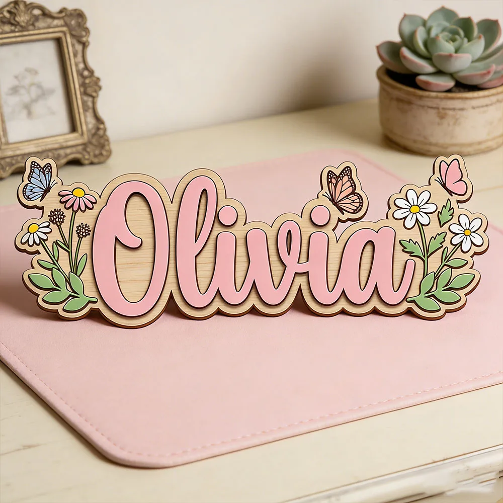 Custom Wildflower Daisy Butterfly Name Plaque for Kids Bedroom Unique Sweet Floral Themed Wooden Door Hanger Gift image 4