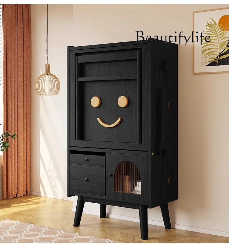 N44 Foldable dining table integrated dining side cabinet solid wood retractable household small apartment robot multi-functional