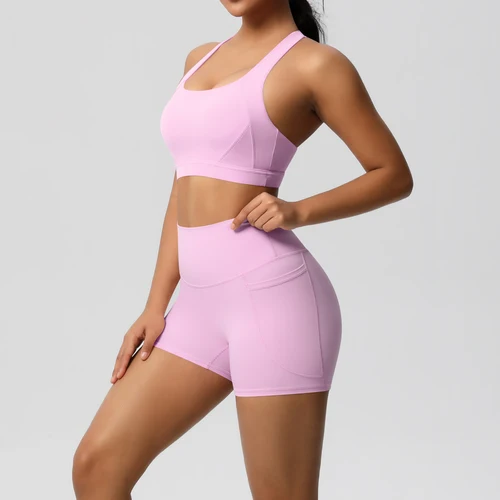 Imagen 2 del producto Ropa deportiva con bolsillo para mujer, conjunto de Yoga, ropa de gimnasio, trajes de Yoga para mujer, chándales, pantalones cortos deportivos, sujetador cruzado, mallas de gimnasio, 2 uds.