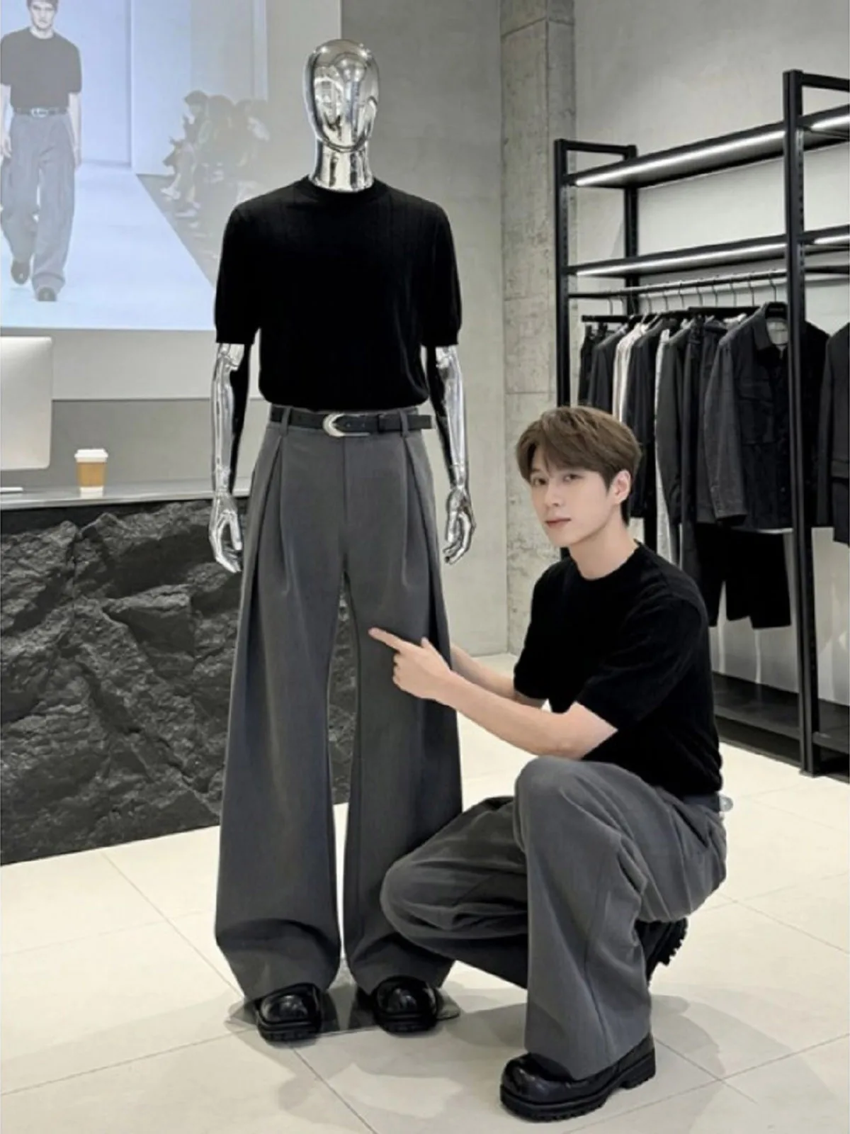 Gray Folded Men's Suit Pants Autumn Drapey High-End Wide Leg CleanFit Trousers Casual Straight Cut Teenager Online Exclusive