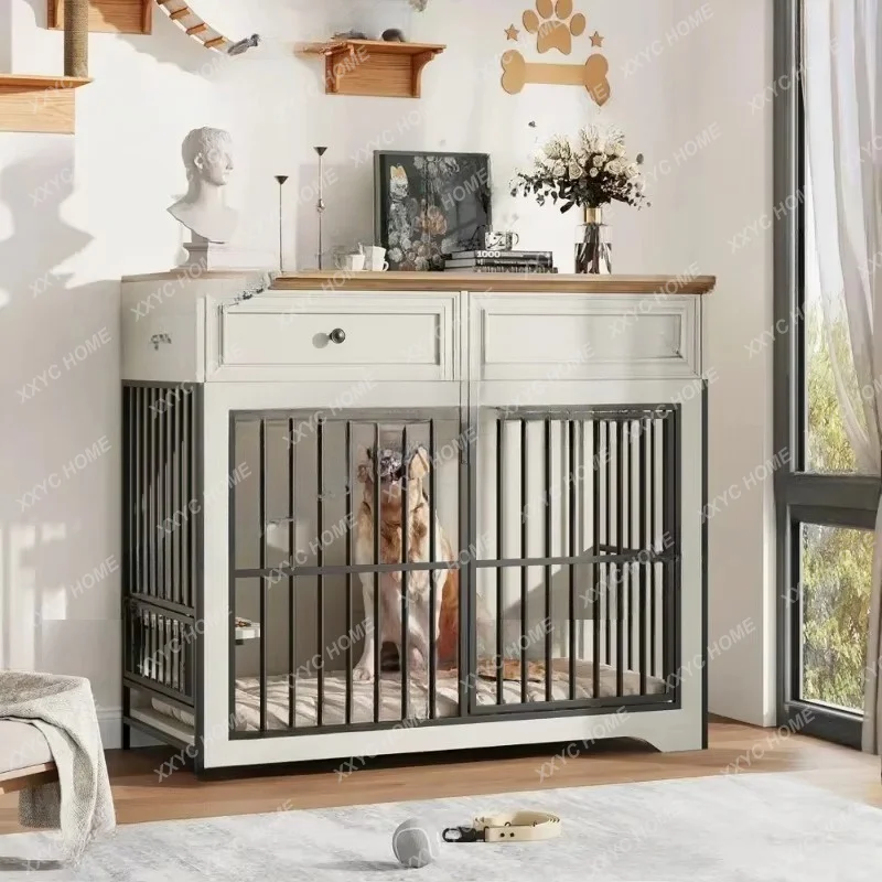 Modern Dog Crate Furniture, Wooden Dog Kennel for Medium to Large with 360° Rotating & 3-Levels Adjustable Height
