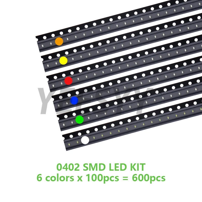 600pcs=6colors x 100pcs Red Green Blue White Yellow Orange 1206 0805 0603 0402 5050 5730 1210 SMD LED Diode Kit