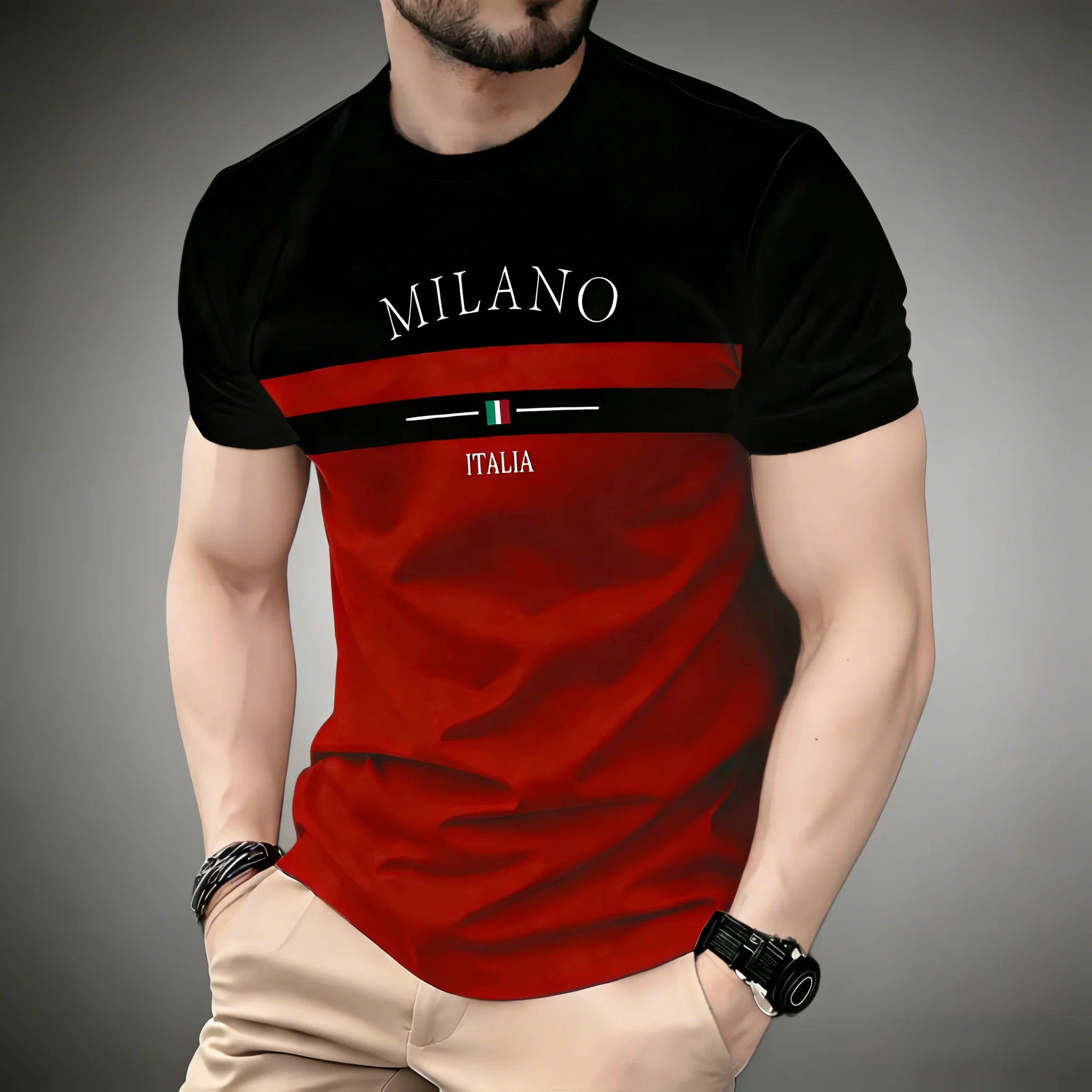 Camisetas con estampado de letras Italia Milano en 3D para hombre, camisetas informales de manga corta, camiseta con cuello redondo para hombre, ropa informal holgada para niños