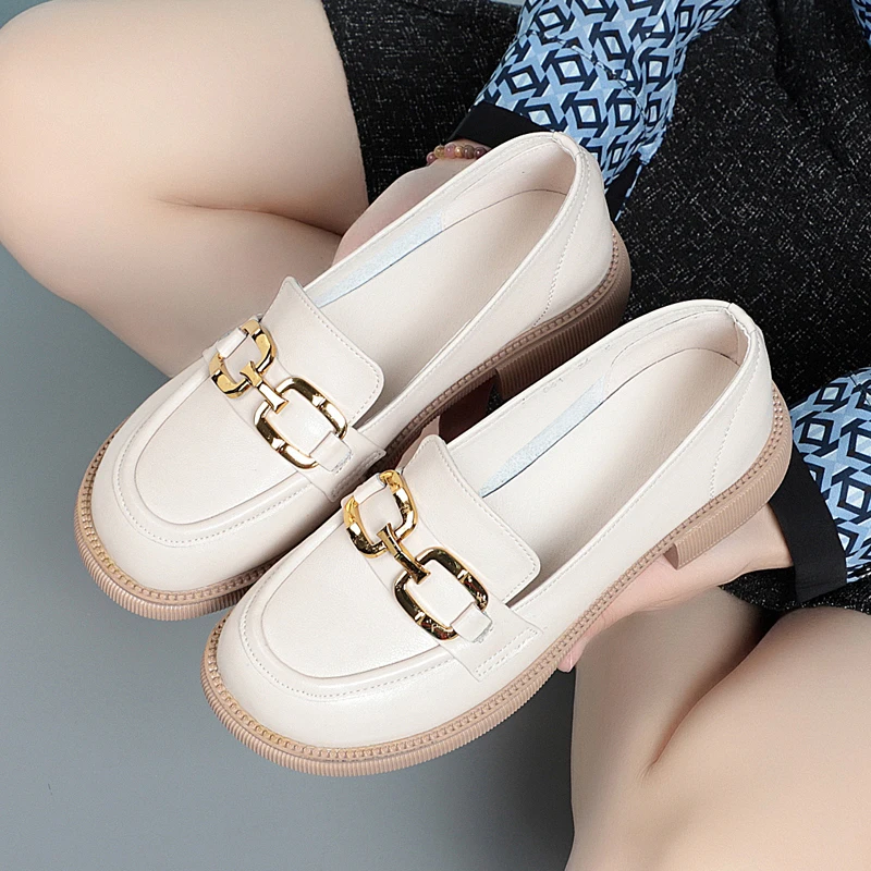 Women\'s Shoes Loafers 2024 New Thick Heel Genuine Leather Spring Shoes British Style Large Size Casual Footwear Woman Sneakers