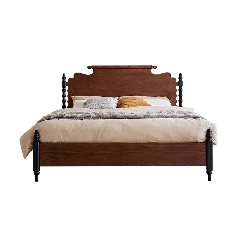 

French retro bed, medium ancient bed, American double master bed, all solid wood red oak