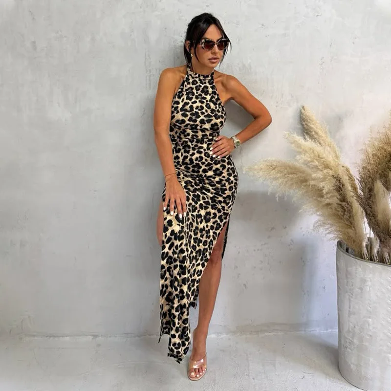 Ele Leopard Print ter Bal Split Long Dr Sexy High Waist Knitted Wrap Bodycon Dr for Women Summer Season