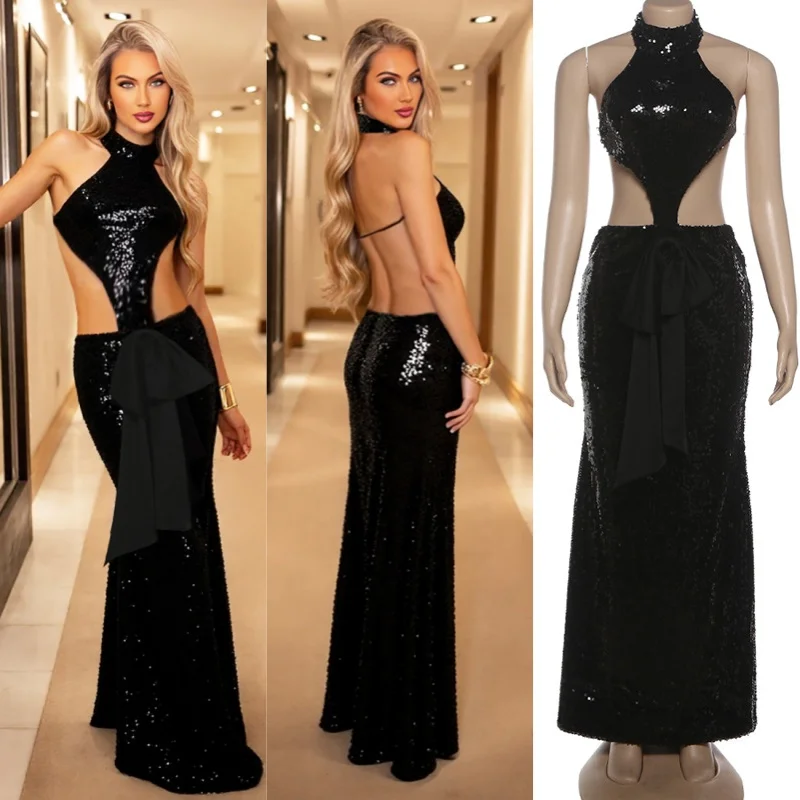 Yomesugar Elegant Sequin Evening Gown Women Hipster Sexy Halter Backless Cut Out Bowkot Skinny Vestidos Birthday Party Clubwear
