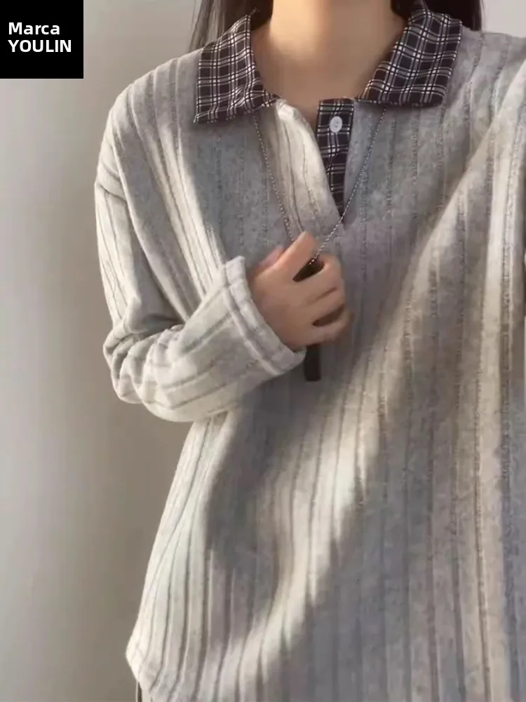 Camiseta Masculina Cinza Estilo Americano com Efeito de Duas Peças, Sem Capuz, Manga Longa, Gola  Interna, Casual, Caimen...