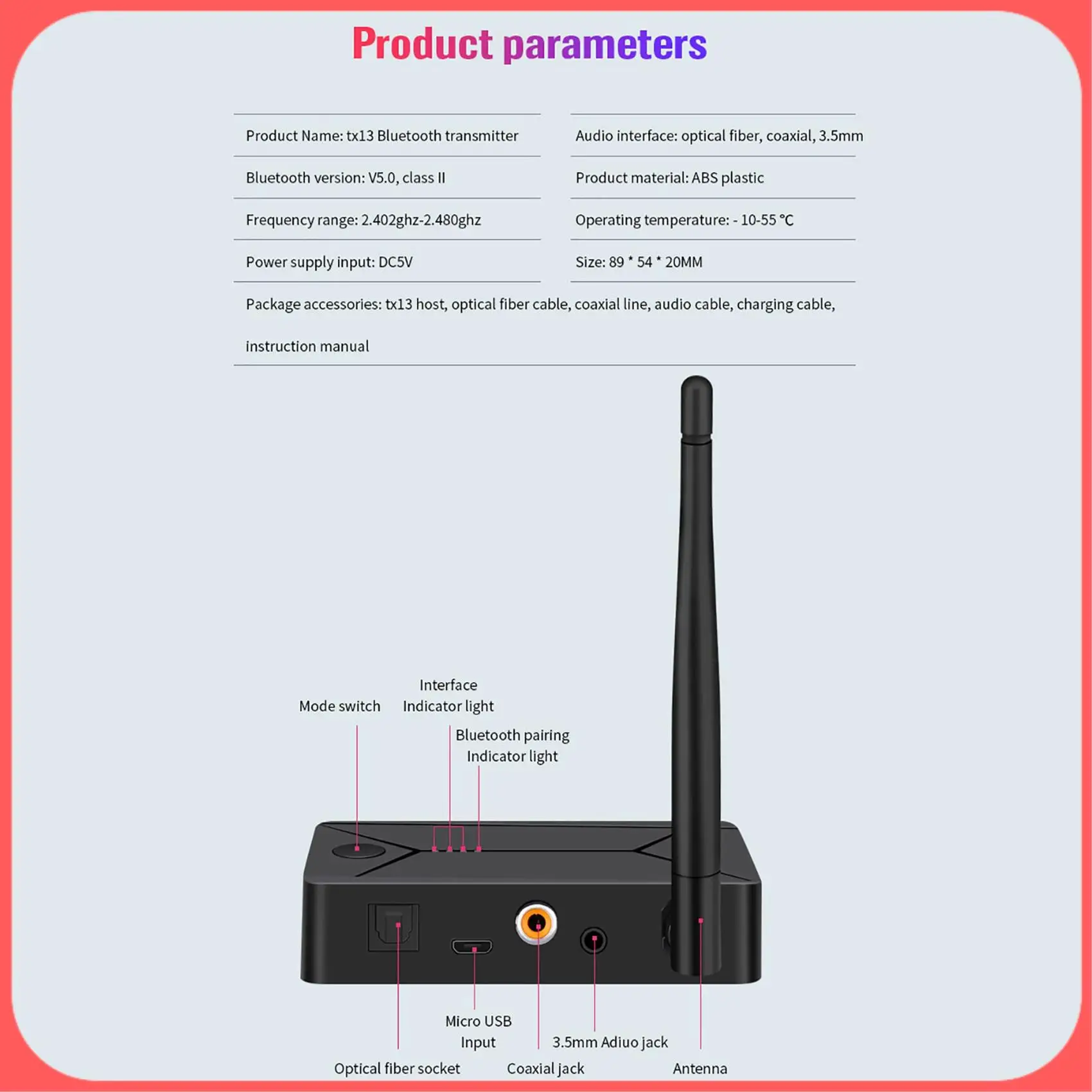 

X12A-TX13 3 In 1 Bluetooth 5.0 Audio Transmitter 3.5Mm AUX Jack Digital To Analog Audio Converter RCA USB Coaxial Optical